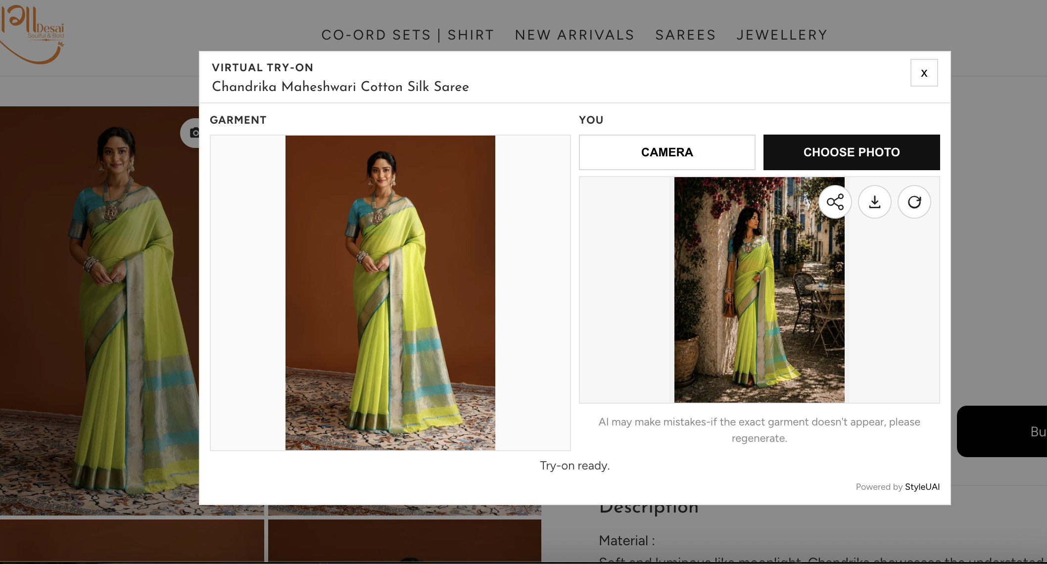 StyleUAI try-on widget on a live client product page, the saree rendered on the shopper